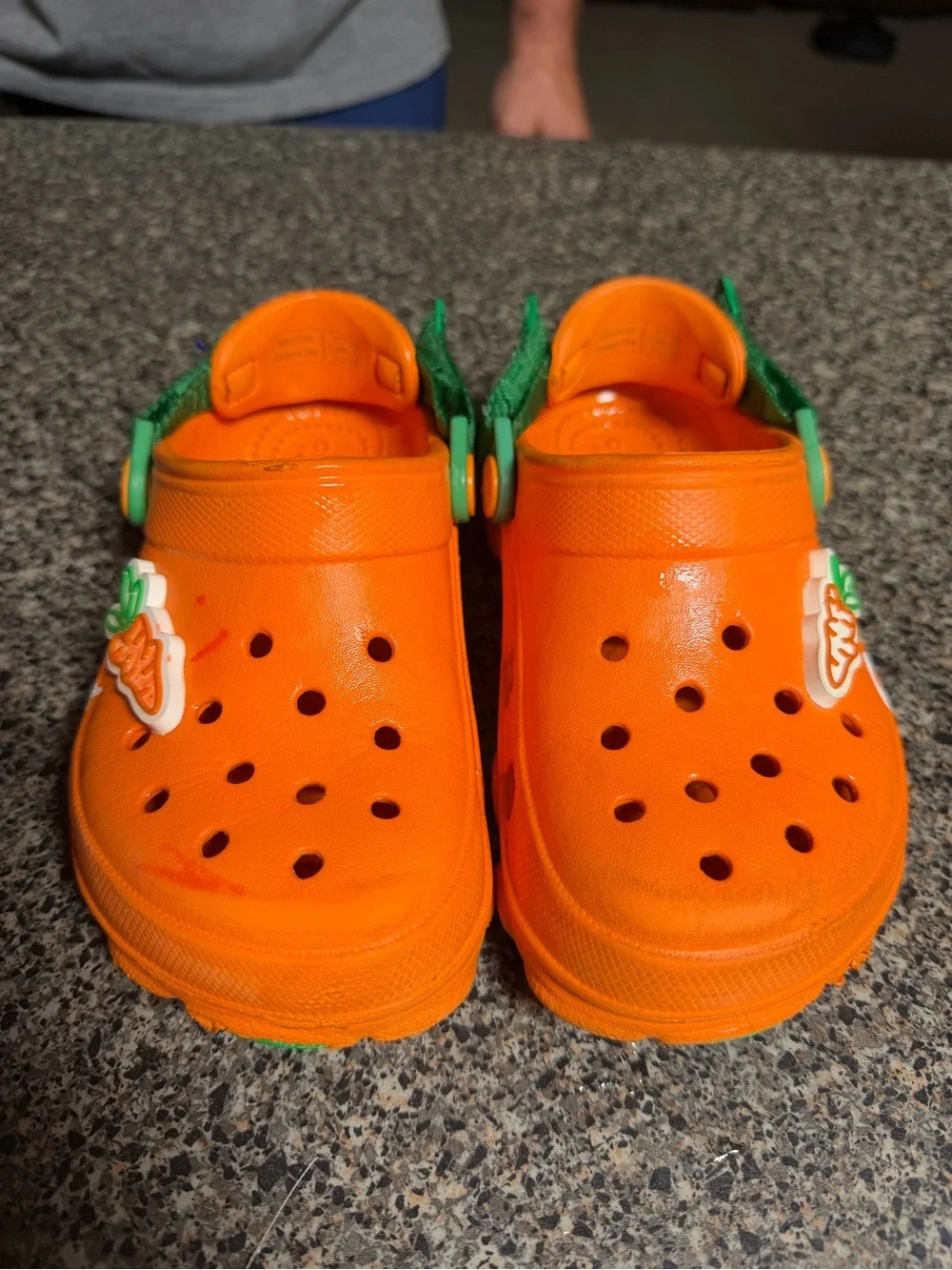 CROCS Kids Orange Clogs with Green Heel Strap